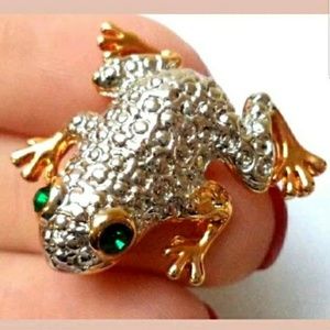 Contemporary Mixed Metal Green Crystal Frog Brooch